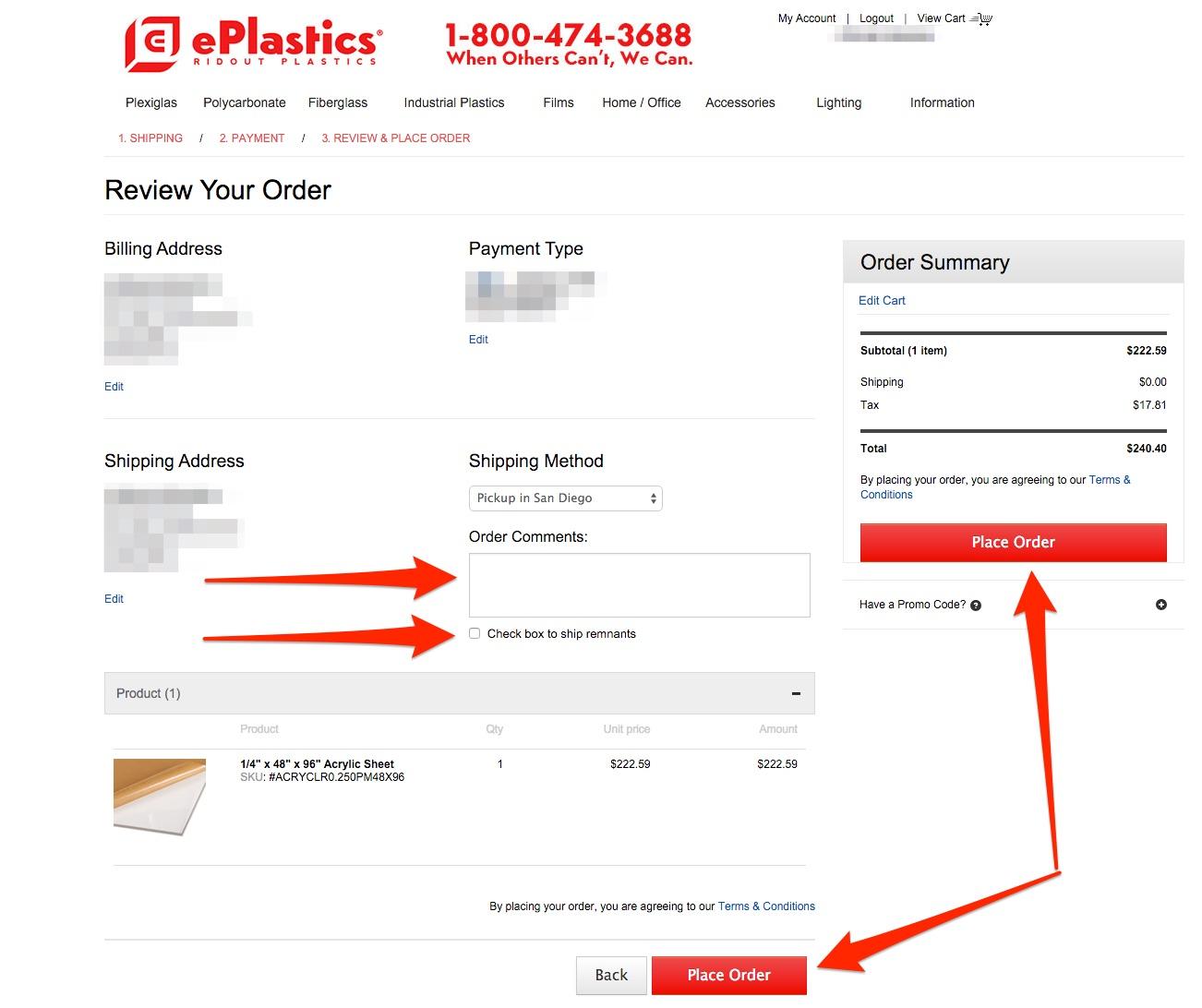 ePlastics® Order Information Screen Shot